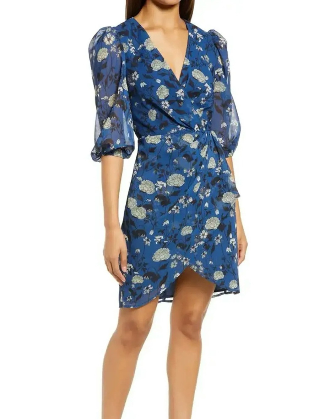 Halogen Blue Floral Wrap Mini Dress with Puff Sleeves